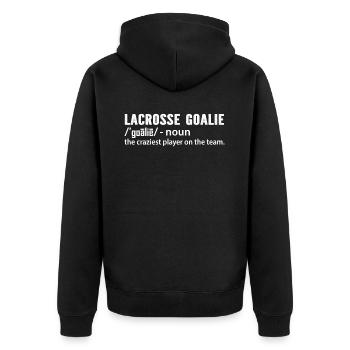 Lacrosse Goalkeeper Gloves Stick Lax Goalkeeper - Unisex Premium Organic Zip Hoodie - black - Back - Nico (187cm)