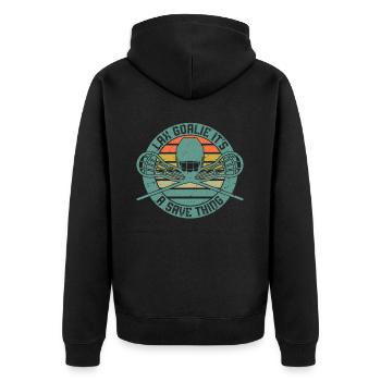 Lacrosse Goalkeeper Gloves Stick Lax Goalkeeper - Unisex Premium Organic Zip Hoodie - black - Back - Nico (187cm)