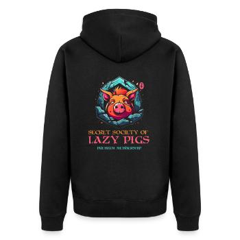 Die geheime Gesellschaft der faulen Schweine - Unisex Premium Bio Zip Hoodie - Schwarz - Hinten - Nico (187cm)