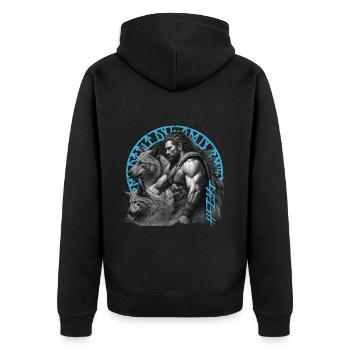 Der Wikinger Krieger und seine treuen Wölfe - Unisex Premium Bio Zip Hoodie - Schwarz - Hinten - Nico (187cm)
