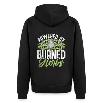 Wohnung Ausräuchern Powered By Burned Herbs - Unisex Premium Bio Zip Hoodie - Schwarz - Hinten - Nico (187cm)