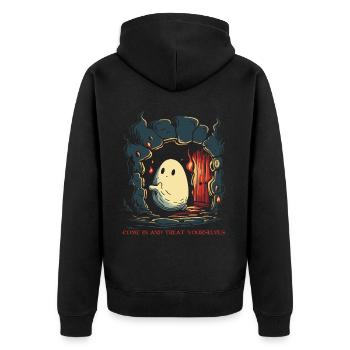 Kommt herein und gönnt euch, der kleine Geist - Unisex Premium Bio Zip Hoodie - Schwarz - Hinten - Nico (187cm)