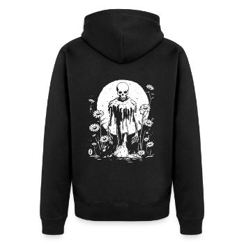Grusel Skelett mit Sonnenblumen - Unisex Premium Bio Zip Hoodie - Schwarz - Hinten - Nico (187cm)