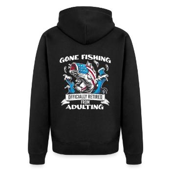 Officially Retired From Adulting Fishing Patriotic - Unisex Premium Bio Zip Hoodie - Schwarz - Hinten - Nico (187cm)
