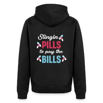 Slingin pills to pay the bills - Unisex Premium Organic Zip Hoodie - black - Back - Nico (187cm)