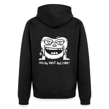 Wer will noch etwas? - Unisex Premium Bio Zip Hoodie - Schwarz - Hinten - Nico (187cm)