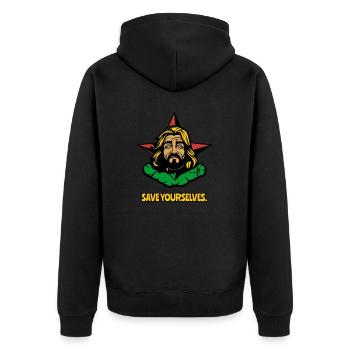 Rettet euch selbst, Der genervte Erlöser - Unisex Premium Bio Zip Hoodie - Schwarz - Hinten - Nico (187cm)