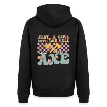 Groovy Axtwerfendes Mädchen - Unisex Premium Bio Zip Hoodie - Schwarz - Hinten - Nico (187cm)
