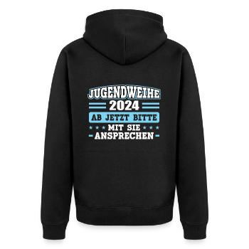 Jugendweihe 2024 Mädchen Junge - Unisex Premium Bio Zip Hoodie - Schwarz - Hinten - Nico (187cm)