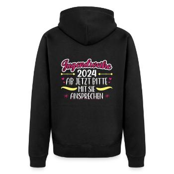 Jugendweihe 2024 Mädchen Junge - Unisex Premium Bio Zip Hoodie - Schwarz - Hinten - Nico (187cm)