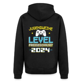 Jugendweihe 2024 Mädchen Junge - Unisex Premium Bio Zip Hoodie - Schwarz - Hinten - Nico (187cm)