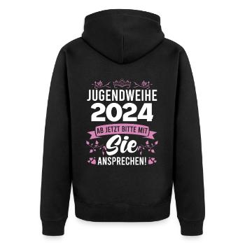 Jugendweihe 2024 Mädchen Junge - Unisex Premium Bio Zip Hoodie - Schwarz - Hinten - Nico (187cm)