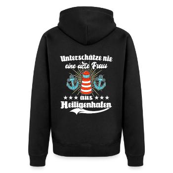Heiligenhafen Frau Heiligenhafenerin - Unisex Premium Bio Zip Hoodie - Schwarz - Hinten - Nico (187cm)