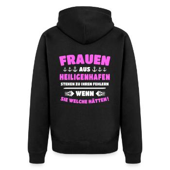 Heiligenhafen Frau Heiligenhafener Frauen - Unisex Premium Bio Zip Hoodie - Schwarz - Hinten - Nico (187cm)