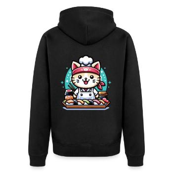 Ein japanischer Sushi-Koch mit Kawaii-Katze - Unisex Premium Bio Zip Hoodie - Schwarz - Hinten - Nico (187cm)