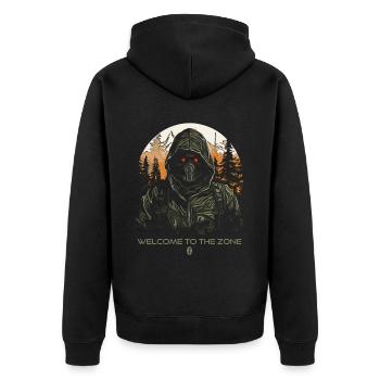 Willkommen in der Zone, Biohazard-Bereich - Unisex Premium Bio Zip Hoodie - Schwarz - Hinten - Nico (187cm)