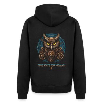 Eulen-Uhr: Zeit wartet auf niemanden - Unisex Premium Bio Zip Hoodie - Schwarz - Hinten - Nico (187cm)