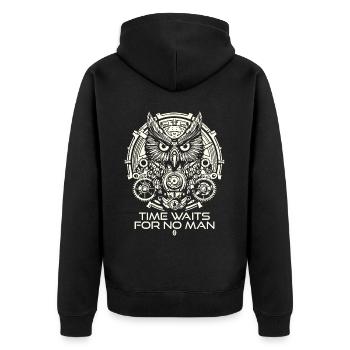 Eulen Uhr: Uhrwerk, Zeit wartet auf niemanden - Unisex Premium Bio Zip Hoodie - Schwarz - Hinten - Nico (187cm)
