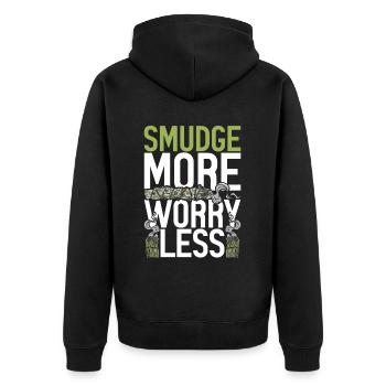 Wohnung Ausräuchern Smudge More Worry Less - Unisex Premium Bio Zip Hoodie - Schwarz - Hinten - Nico (187cm)