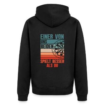Retro Lustiges Dart Dartspieler - Unisex Premium Bio Zip Hoodie - Schwarz - Hinten - Nico (187cm)
