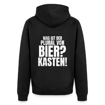 Plural von Bier? Kasten Lustiger Feierabend Spruch - Unisex Premium Bio Zip Hoodie - Schwarz - Hinten - Nico (187cm)