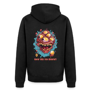 Sag Hallo zu Eggy, dem Monster der gebratenen Eier - Unisex Premium Bio Zip Hoodie - Schwarz - Hinten - Nico (187cm)