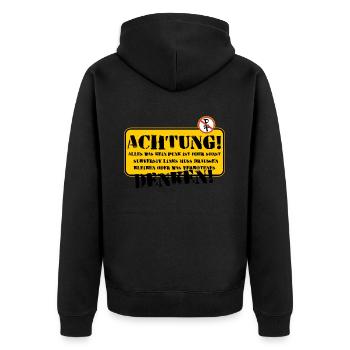 Schild: Achtung selber denken - Unisex Premium Bio Zip Hoodie - Schwarz - Hinten - Nico (187cm)