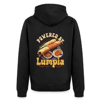 Powered By Lumpia - Unisex Premium Bio Zip Hoodie - Schwarz - Hinten - Nico (187cm)