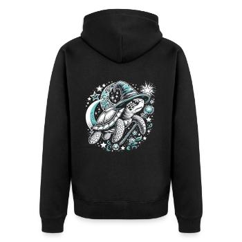 Mystische Schildkröte: Zauber der Nacht - Unisex Premium Bio Zip Hoodie - Schwarz - Hinten - Nico (187cm)
