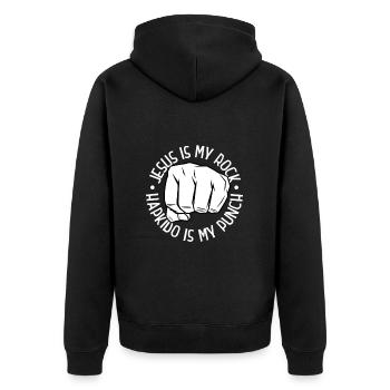 Jesus ist mein Fels - Hapkido ist mein Schlag - Unisex Premium Bio Zip Hoodie - Schwarz - Hinten - Nico (187cm)