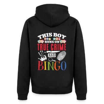 This Boy Runs On True Crime And - Unisex Premium Bio Zip Hoodie - Schwarz - Hinten - Nico (187cm)