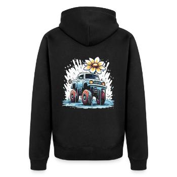 Ein bunter Flower Power Monstertruck - Unisex Premium Bio Zip Hoodie - Schwarz - Hinten - Nico (187cm)