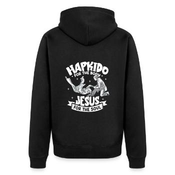 Jesus für die Seele - Hapkido für den Körper - Unisex Premium Bio Zip Hoodie - Schwarz - Hinten - Nico (187cm)