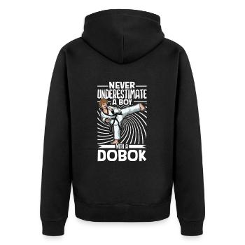 Ne sous-estimez jamais un garçon dans le Hapkido - Veste à capuche bio Premium Unisexe - noir - Dos - Nico (187cm)