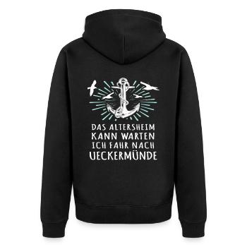 Ueckermünde Sprüche - Unisex Premium Bio Zip Hoodie - Schwarz - Hinten - Nico (187cm)