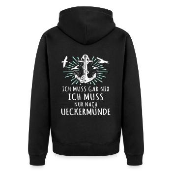 Ueckermünde Sprüche - Unisex Premium Bio Zip Hoodie - Schwarz - Hinten - Nico (187cm)