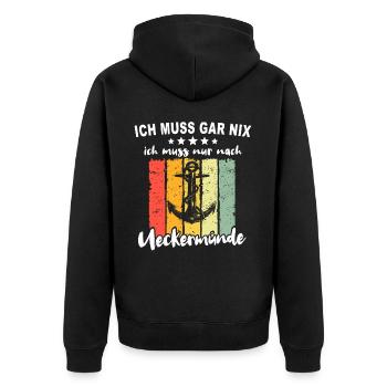 Ueckermünde Sprüche - Unisex Premium Bio Zip Hoodie - Schwarz - Hinten - Nico (187cm)