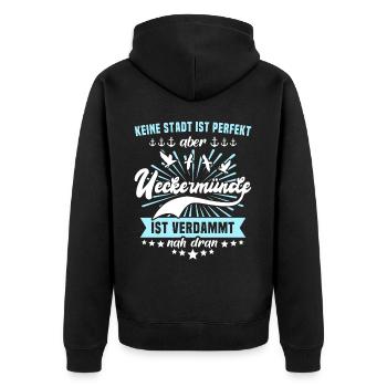 Ueckermünde Sprüche - Unisex Premium Bio Zip Hoodie - Schwarz - Hinten - Nico (187cm)
