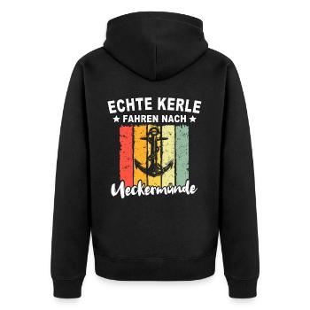 Ueckermünde Sprüche - Unisex Premium Bio Zip Hoodie - Schwarz - Hinten - Nico (187cm)