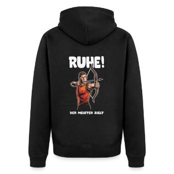 Ruhe! Der Meister zielt! Bogenschießen Bogensport - Unisex Premium Bio Zip Hoodie - Schwarz - Hinten - Nico (187cm)