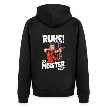 Ruhe! Der Meister zielt! Bogenschießen Bogensport - Unisex Premium Bio Zip Hoodie - Schwarz - Hinten - Nico (187cm)