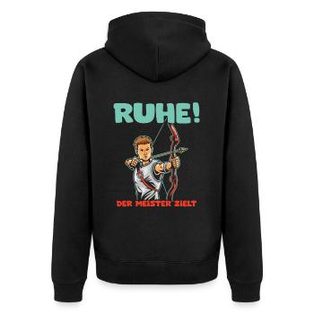 Ruhe! Der Meister zielt! Bogenschießen Bogensport - Unisex Premium Bio Zip Hoodie - Schwarz - Hinten - Nico (187cm)