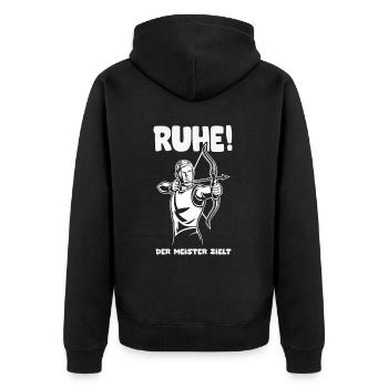 Ruhe! Der Meister zielt! Bogenschießen Bogensport - Unisex Premium Bio Zip Hoodie - Schwarz - Hinten - Nico (187cm)