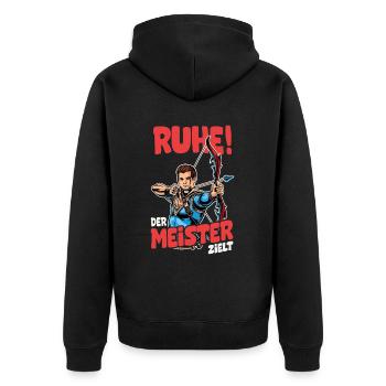 Ruhe! Der Meister zielt! Bogenschießen Bogensport - Unisex Premium Bio Zip Hoodie - Schwarz - Hinten - Nico (187cm)