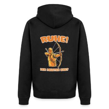 Ruhe! Der Meister zielt! Bogenschießen Bogensport - Unisex Premium Bio Zip Hoodie - Schwarz - Hinten - Nico (187cm)