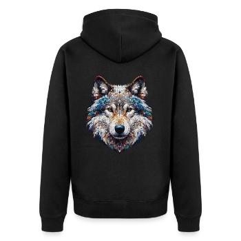 Porträt eines Wolfes im Mosaik - Unisex Premium Bio Zip Hoodie - Schwarz - Hinten - Nico (187cm)