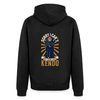 Ich kann nicht - Mein Sohn hat Kendo - Unisex Premium Bio Zip Hoodie - Schwarz - Hinten - Nico (187cm)