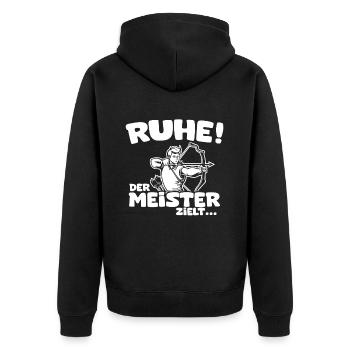 Ruhe! Der Meister zielt! Bogenschießen Bogensport - Unisex Premium Bio Zip Hoodie - Schwarz - Hinten - Nico (187cm)