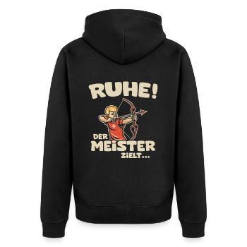 Ruhe! Der Meister zielt! Bogenschießen Bogensport - Unisex Premium Bio Zip Hoodie - Schwarz - Hinten - Nico (187cm)