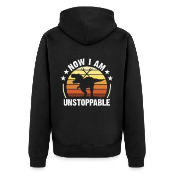Now I Am Unstoppable Funny T-Rex - Unisex Premium Bio Zip Hoodie - Schwarz - Hinten - Nico (187cm)